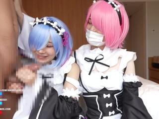 Japanese girls gives a guy an armpitjob and handjob with anime cosplay.