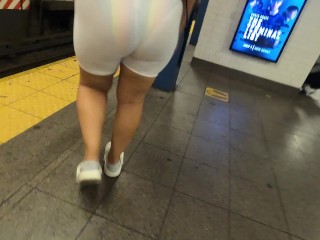 Wife see through shorts rainbow Bikini in public