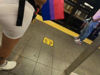 Wife see through shorts rainbow Bikini in public