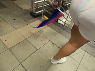 Wife see through shorts rainbow Bikini in public