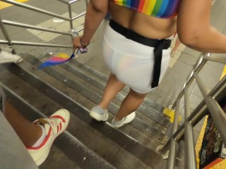 Wife see through shorts rainbow Bikini in public