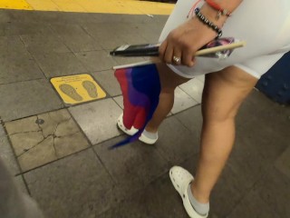 Wife see through shorts rainbow Bikini in public