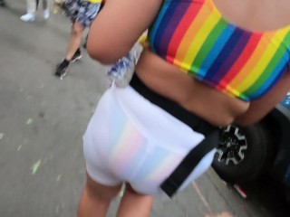 Wife under boob see through shorts at PRIDE parade