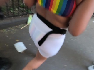 Wife under boob see through shorts at PRIDE parade