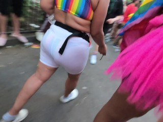 Wife under boob see through shorts at PRIDE parade