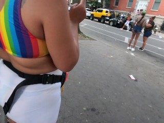 Wife under boob see through shorts at PRIDE parade