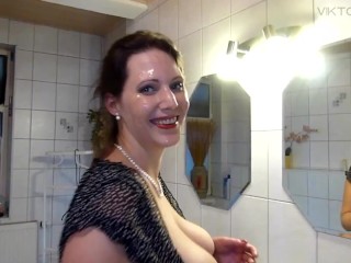 Viktoria Goo's cuckold films her drinking piss, getting fucked in all 3 holes and eating big cumload