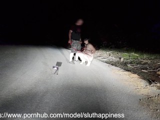 Totally naked slut on public road obedient whore humiliated