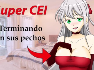 SUPER CEI HENTAI en español. Limpiando el semen de sus pechos.