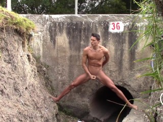 Daring Young Man Undresses In a CULVERT Under The Road And Masturbates Tasty With His Legs Spread.