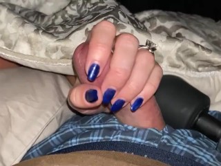 Teasing and edging him with a sensual handjob to completion. Bright blue fingernails on cock