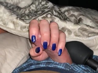 Teasing and edging him with a sensual handjob to completion. Bright blue fingernails on cock