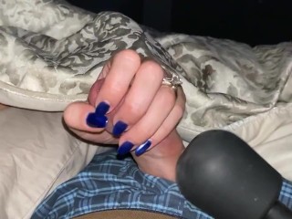 Teasing and edging him with a sensual handjob to completion. Bright blue fingernails on cock