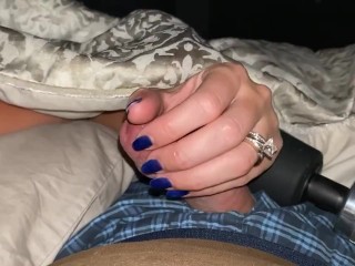 Teasing and edging him with a sensual handjob to completion. Bright blue fingernails on cock