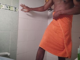 See me in towel cleaning the batroom after shower