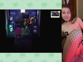 cute bunny gamer girl (me) playing animal crossing and showing off her innie pussy