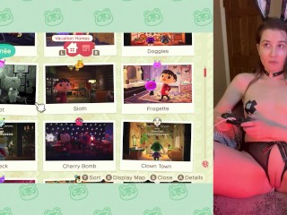 cute bunny gamer girl (me) playing animal crossing and showing off her innie pussy