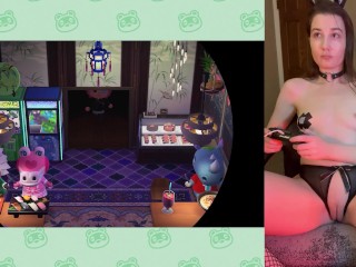 cute bunny gamer girl (me) playing animal crossing and showing off her innie pussy