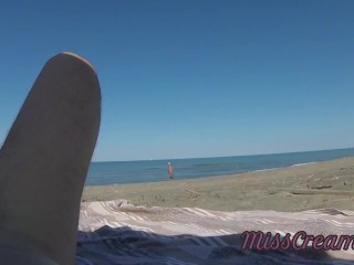 Strangers caught my wife touching and masturbating my cock on a public nude beach - Real amateur