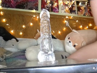 Whimpering FTM riding clear dildo