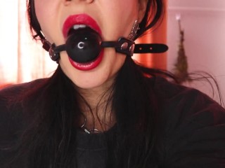 Gagged babe spitting & fucking herself with dildo till pussy gets creamy