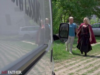 Busty Blonde MILF with a big ass seduces a muscular guy to fuck her in a van