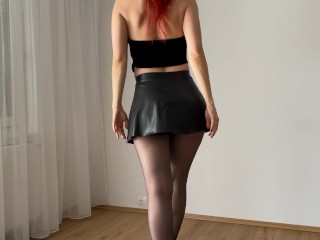 Sensual Seduction in PANTYHOSE, LEATHER MINI SKIRT and HIGH HEELS