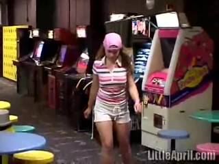 Public teen masturbates in arcade toilets