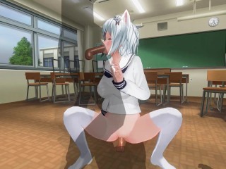 3D HENTAI Neko schoolgirl fucks with two teachers in the classroom