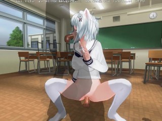 3D HENTAI Neko schoolgirl fucks with two teachers in the classroom