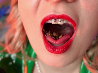 food fetish - eating blowing candy - ASMR video of chewing girl in BRACES with all sounds close up