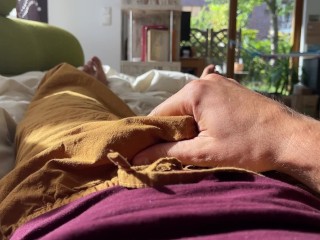 Massive cumshot all over me, my t-shirt and sofa after a no fap week