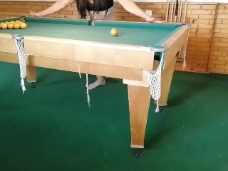 ts tgirl in a billiard club learns to drive balls into a hole)