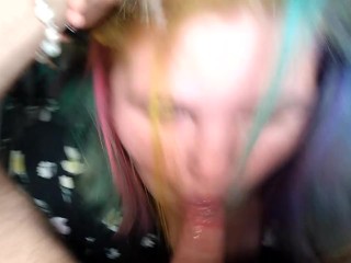 Rainbow haired pixie pawg gives amazing quickie blowjob while she is supposed to be working