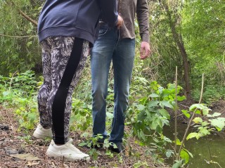 MILF in leggings helps a stranger pee by the lake