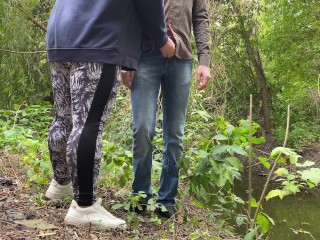 MILF in leggings helps a stranger pee by the lake