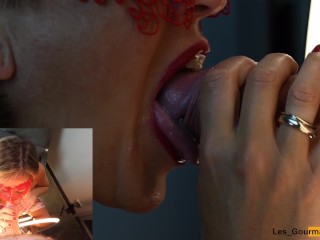 4K - MILF Slut masked with lipstick gives blowjob & gets all the cum on her tongue in close up