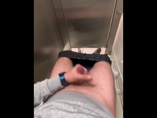 Teen guy got horny and did the most risky thing in a crowded public bathroom-HUGE Cumshot in the end