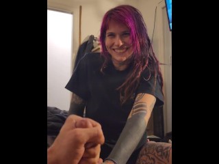 Tattooed mistress teases sub with her feet with laughing and dirty talk