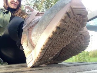 Dirty shoes, black smelly socks and smelly wrinkled soles to worship. Feet fetish foot ignoring 
