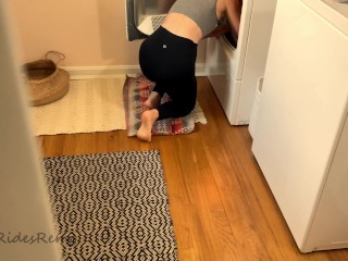 Hot Stepmom MILF gets stuck in the dryer before yoga class and fucked by spying stepson!! - POV