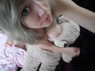 Little blonde snuggles teddy topless