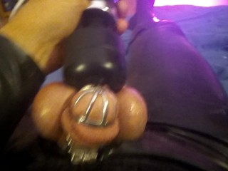 latex rubber sissy orgasm locked in chastity with magic wand vibrator