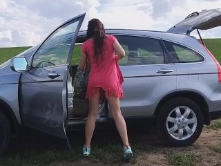 PINK PUSSY Flash while Driving # Up Dress NO PANTIES in the car