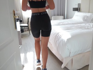 Teasing and fucking with her coach in a hotel room after gym