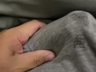 Stroking my MORNING WOOD with PRECUM and a BIG CUMSHOT in my boxers 