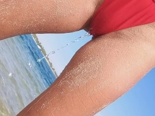 Natural Hairy girl PEE through the bikini and show hairy Pussy