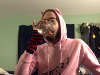 Femboy pisses in cup and drinks it all