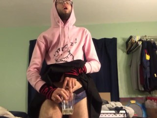 Femboy pisses in cup and drinks it all