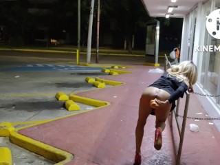 Exhibitionist sissy dildoing her ass in a supermarket public parking lot while a stranger observes